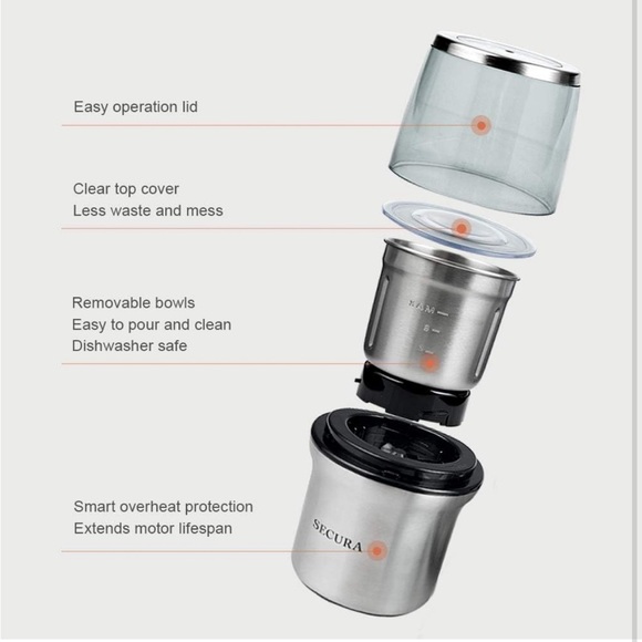 Electric⚡️Coffee Grinder&Spice Grinder w 2 StainlessSteel Blades Removable Bowls - Picture 6 of 8